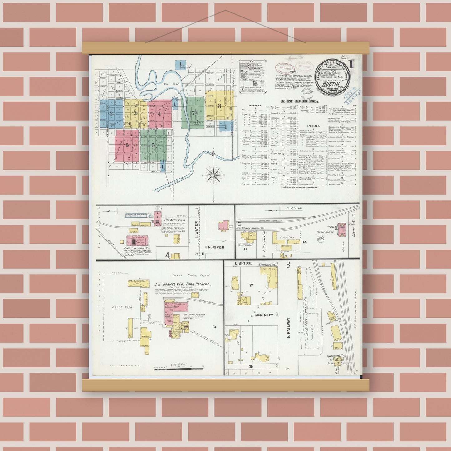 Old map wall art mockup — magnetic wood frame on brick wall — Sanborn Fire Insurance Map from Austin, Mower County, Minnesota (1899), Sheet #0001