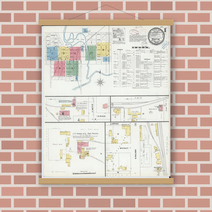 Old map wall art mockup — magnetic wood frame on brick wall — Sanborn Fire Insurance Map from Austin, Mower County, Minnesota (1899), Sheet #0001
