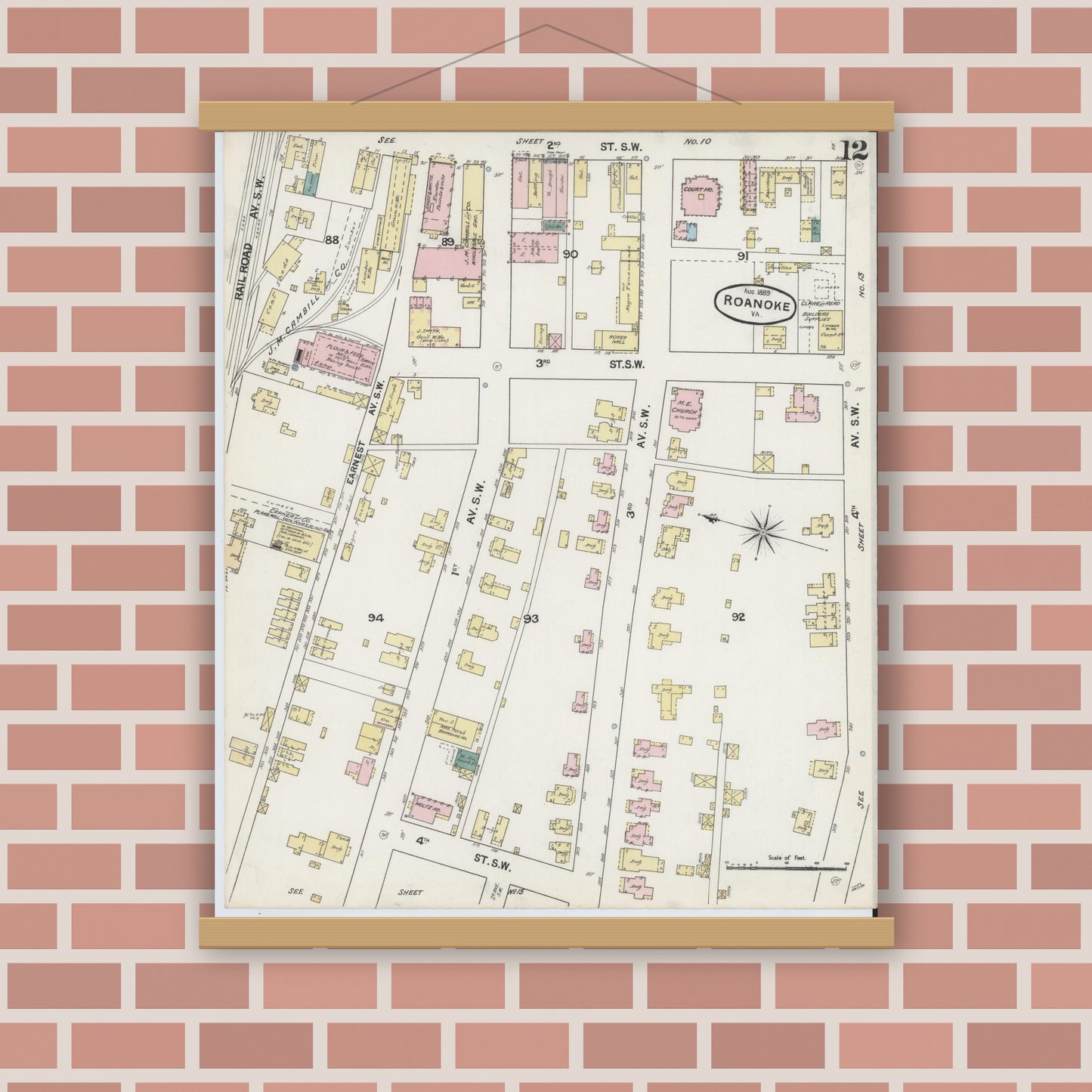 Old map wall art mockup — magnetic wood frame on brick wall — Sanborn Fire Insurance Map from Roanoke, Independent Cities, Virginia (1889), Sheet #0012