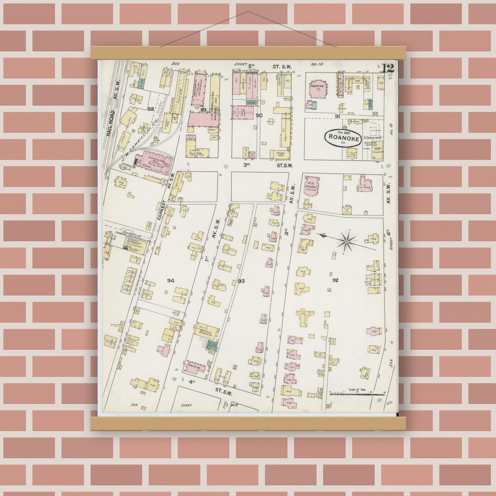 Old map wall art mockup — magnetic wood frame on brick wall — Sanborn Fire Insurance Map from Roanoke, Independent Cities, Virginia (1889), Sheet #0012