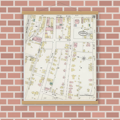 Old map wall art mockup — magnetic wood frame on brick wall — Sanborn Fire Insurance Map from Roanoke, Independent Cities, Virginia (1889), Sheet #0012