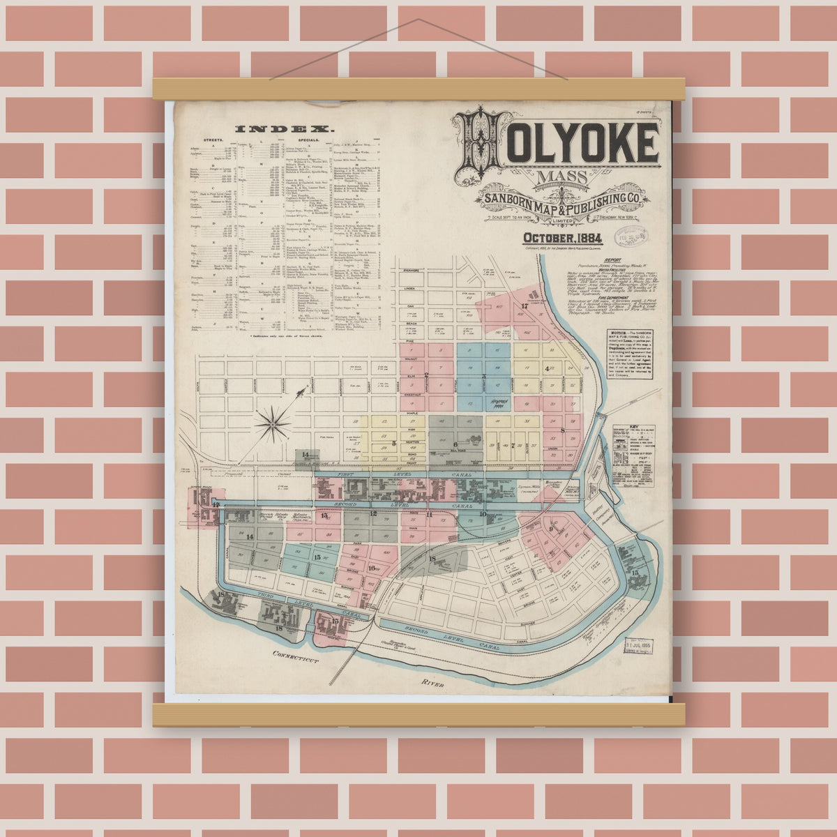 Old map wall art mockup — magnetic wood frame on brick wall — Sanborn Fire Insurance Map from Holyoke, Hampden County, Massachusetts (1884) - Complete Map Set