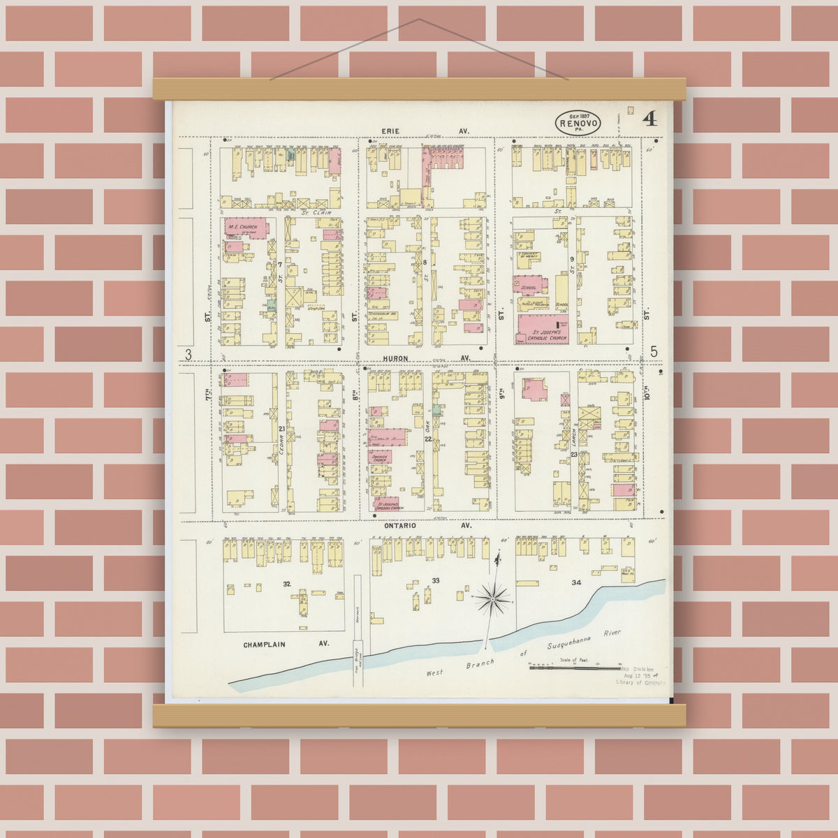 Old map wall art mockup — magnetic wood frame on brick wall — Sanborn Fire Insurance Map from Renovo, Clinton County, Pennsylvania (1897), Sheet #0004