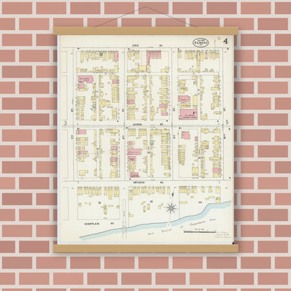 Old map wall art mockup — magnetic wood frame on brick wall — Sanborn Fire Insurance Map from Renovo, Clinton County, Pennsylvania (1897), Sheet #0004