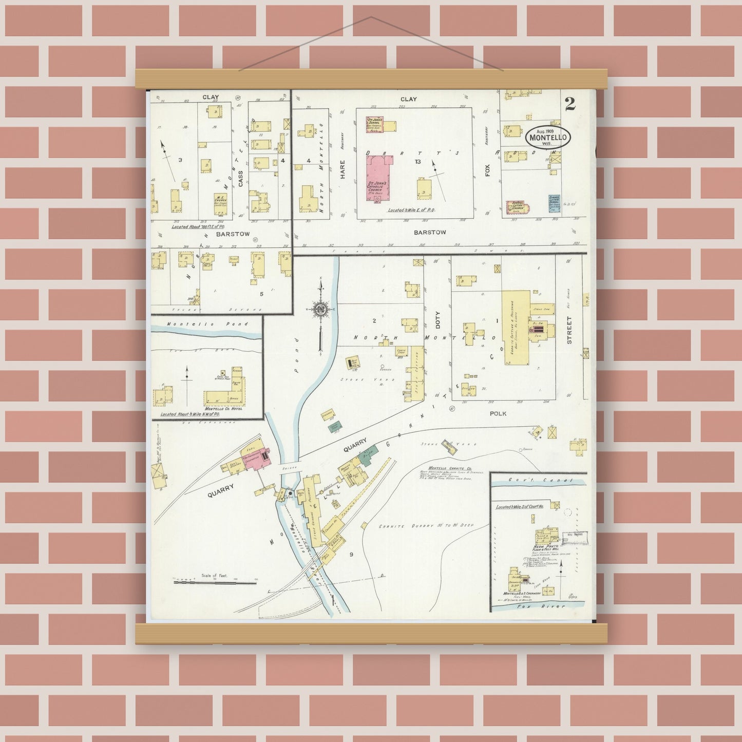 Old map wall art mockup — magnetic wood frame on brick wall — Sanborn Fire Insurance Map from Montello, Marquette County, Wisconsin (1909), Sheet #0002