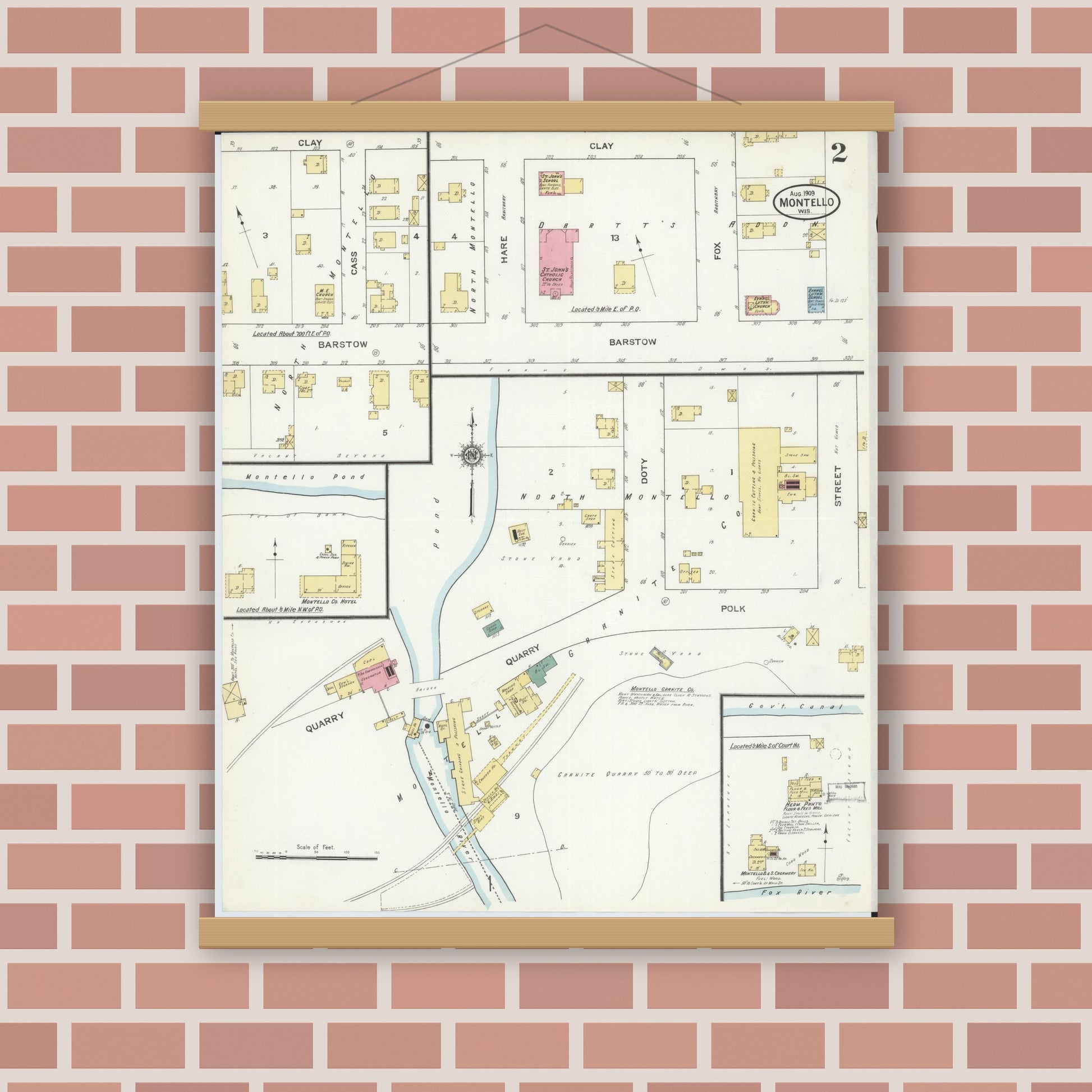Old map wall art mockup — magnetic wood frame on brick wall — Sanborn Fire Insurance Map from Montello, Marquette County, Wisconsin (1909), Sheet #0002