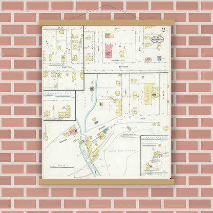 Old map wall art mockup — magnetic wood frame on brick wall — Sanborn Fire Insurance Map from Montello, Marquette County, Wisconsin (1909), Sheet #0002