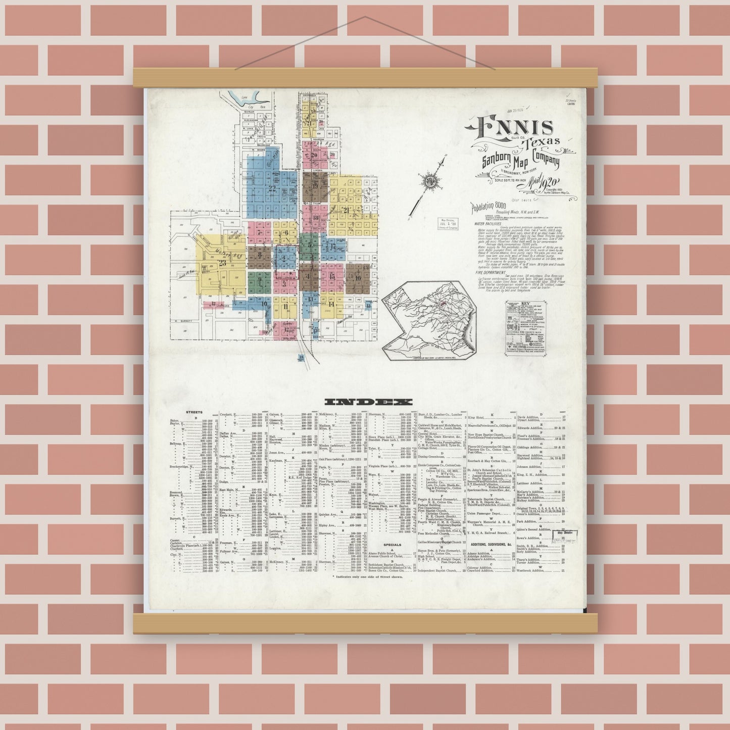Old map wall art mockup — magnetic wood frame on brick wall — Sanborn Fire Insurance Map from Ennis, Ellis County, Texas (1920) - Complete Map Set