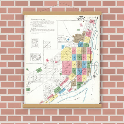 Old map wall art mockup — magnetic wood frame on brick wall — Sanborn Fire Insurance Map from Clinton, Clinton County, Iowa (1917) â€” Complete Set