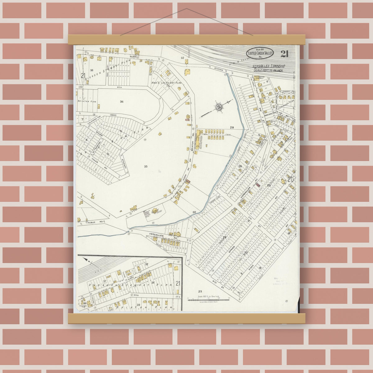 Old map wall art mockup — magnetic wood frame on brick wall — Sanborn Fire Insurance Map from Turtle Creek Valley, Allegheny County, Pennsylvania (1919), Sheet #0021