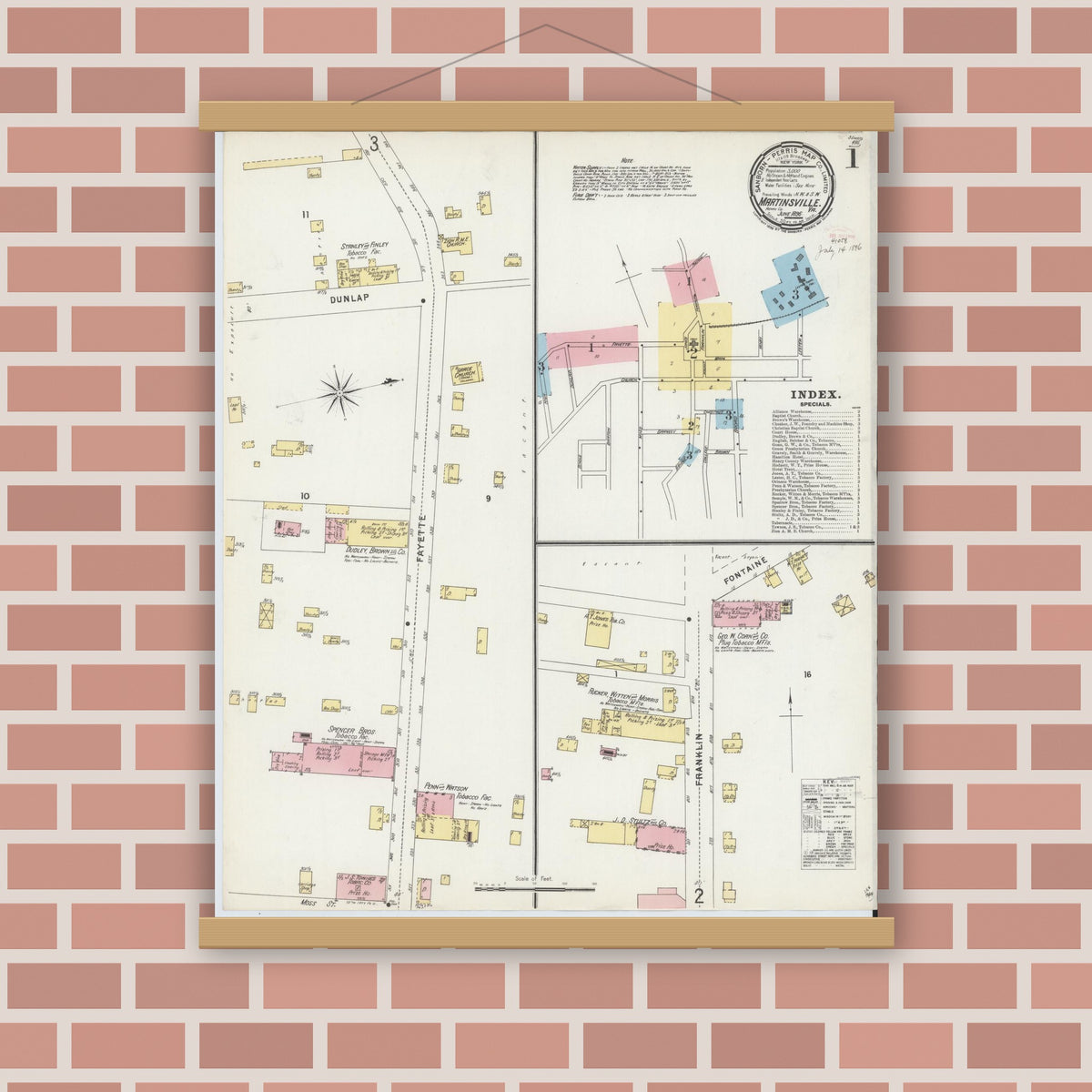Old map wall art mockup — magnetic wood frame on brick wall — Sanborn Fire Insurance Map from Martinsville, Independent Cities, Virginia (1896) - Complete Map Set