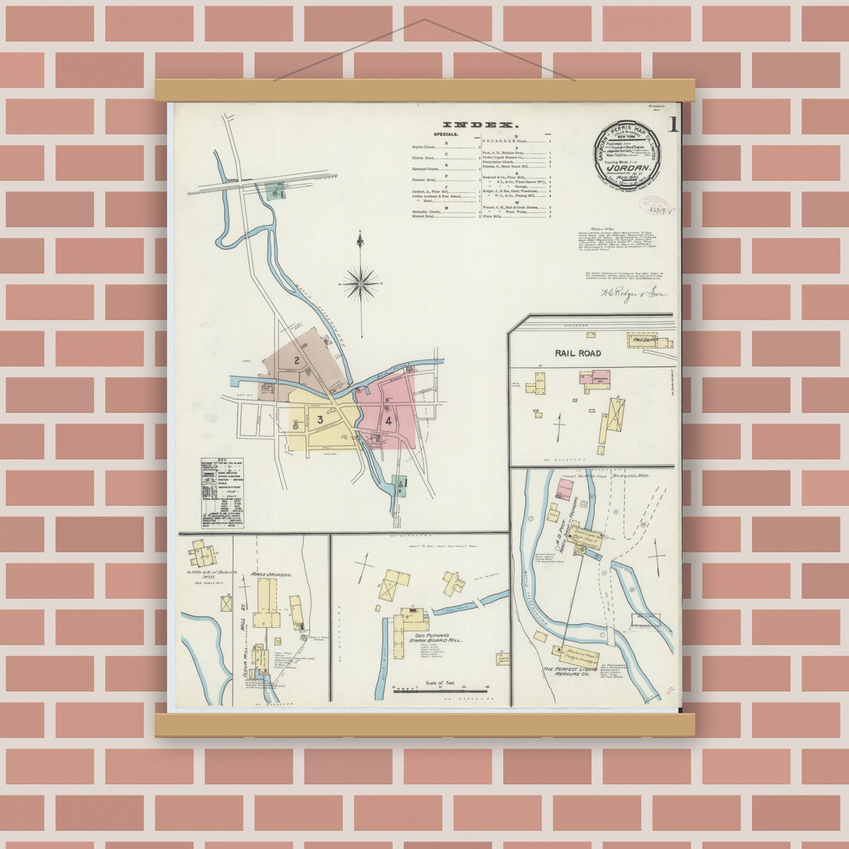 Old map wall art mockup — magnetic wood frame on brick wall — Sanborn Fire Insurance Map from Jordan, Onondaga County, New York (1890) - Complete Map Set