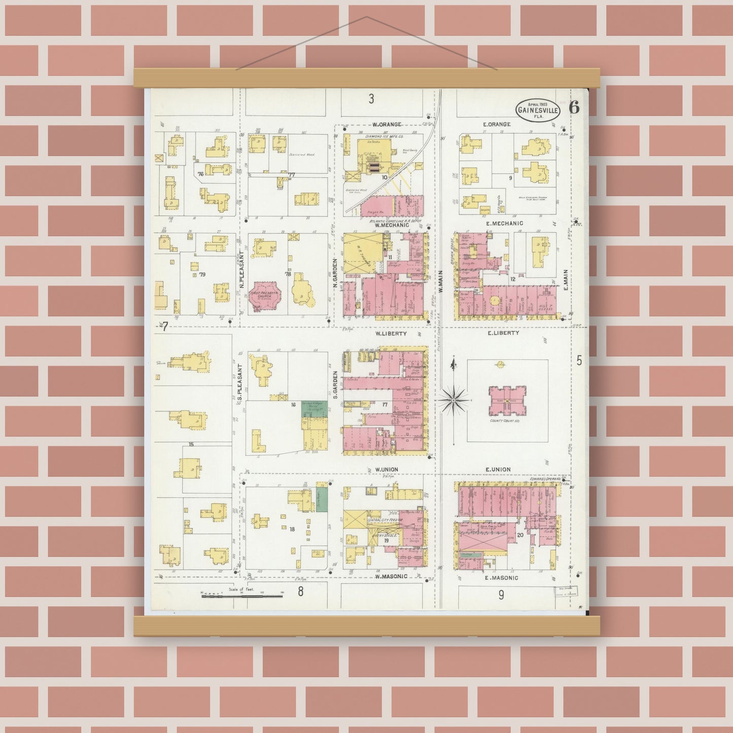 Old map wall art mockup — magnetic wood frame on brick wall — Sanborn Fire Insurance Map from Gainesville, Alachua County, Florida (1903), Sheet #0006