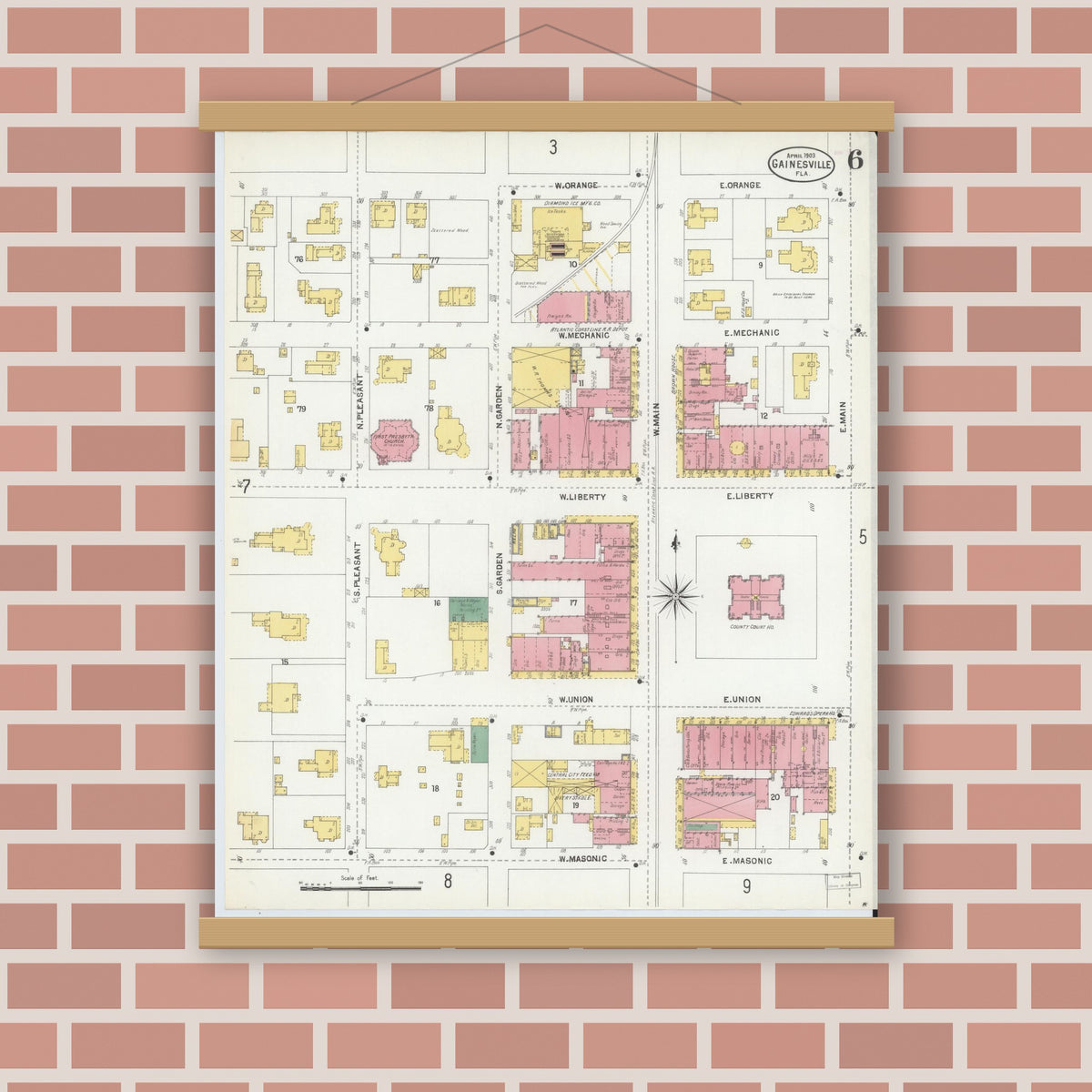 Old map wall art mockup — magnetic wood frame on brick wall — Sanborn Fire Insurance Map from Gainesville, Alachua County, Florida (1903), Sheet #0006