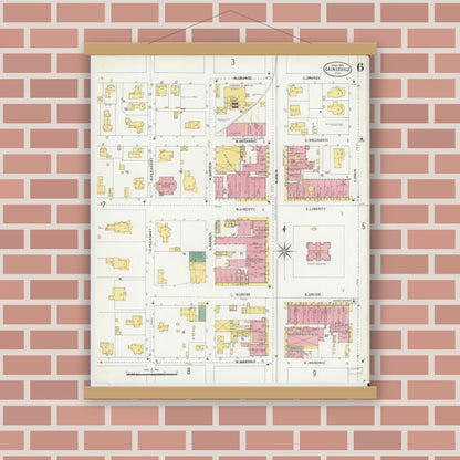 Old map wall art mockup — magnetic wood frame on brick wall — Sanborn Fire Insurance Map from Gainesville, Alachua County, Florida (1903), Sheet #0006