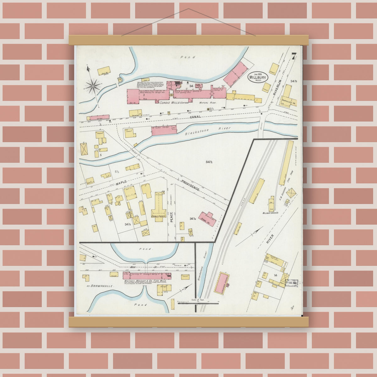 Old map wall art mockup — magnetic wood frame on brick wall — Sanborn Fire Insurance Map from Millbury, Worcester County, Massachusetts (1899), Sheet #0007