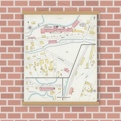 Old map wall art mockup — magnetic wood frame on brick wall — Sanborn Fire Insurance Map from Millbury, Worcester County, Massachusetts (1899), Sheet #0007