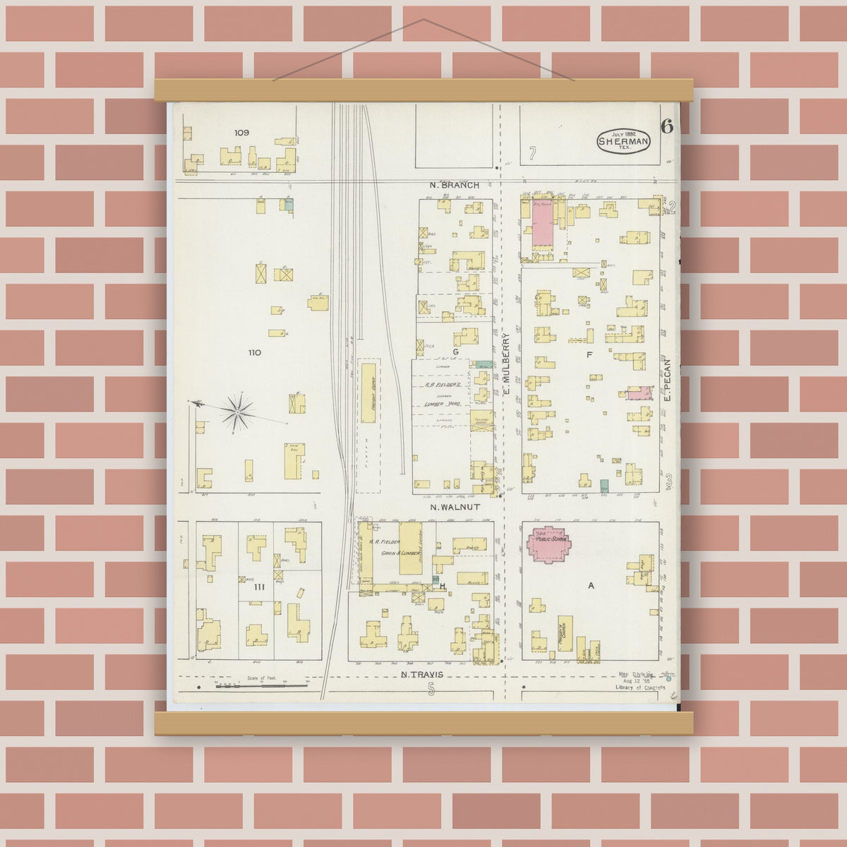 Old map wall art mockup — magnetic wood frame on brick wall — Sanborn Fire Insurance Map from Sherman, Grayson County, Texas (1892), Sheet #0006
