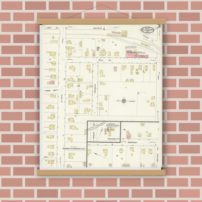 Old map wall art mockup — magnetic wood frame on brick wall — Sanborn Fire Insurance Map from Plymouth, Huron And Richland Counties, Ohio (1911), Sheet #0003