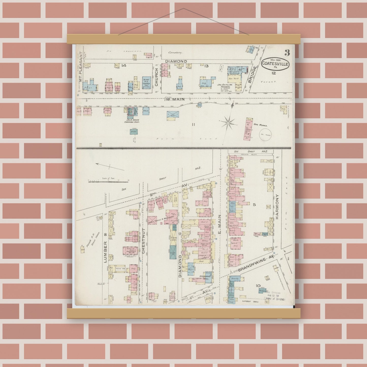 Old map wall art mockup — magnetic wood frame on brick wall — Sanborn Fire Insurance Map from Coatesville, Chester County, Pennsylvania (1886), Sheet #0003