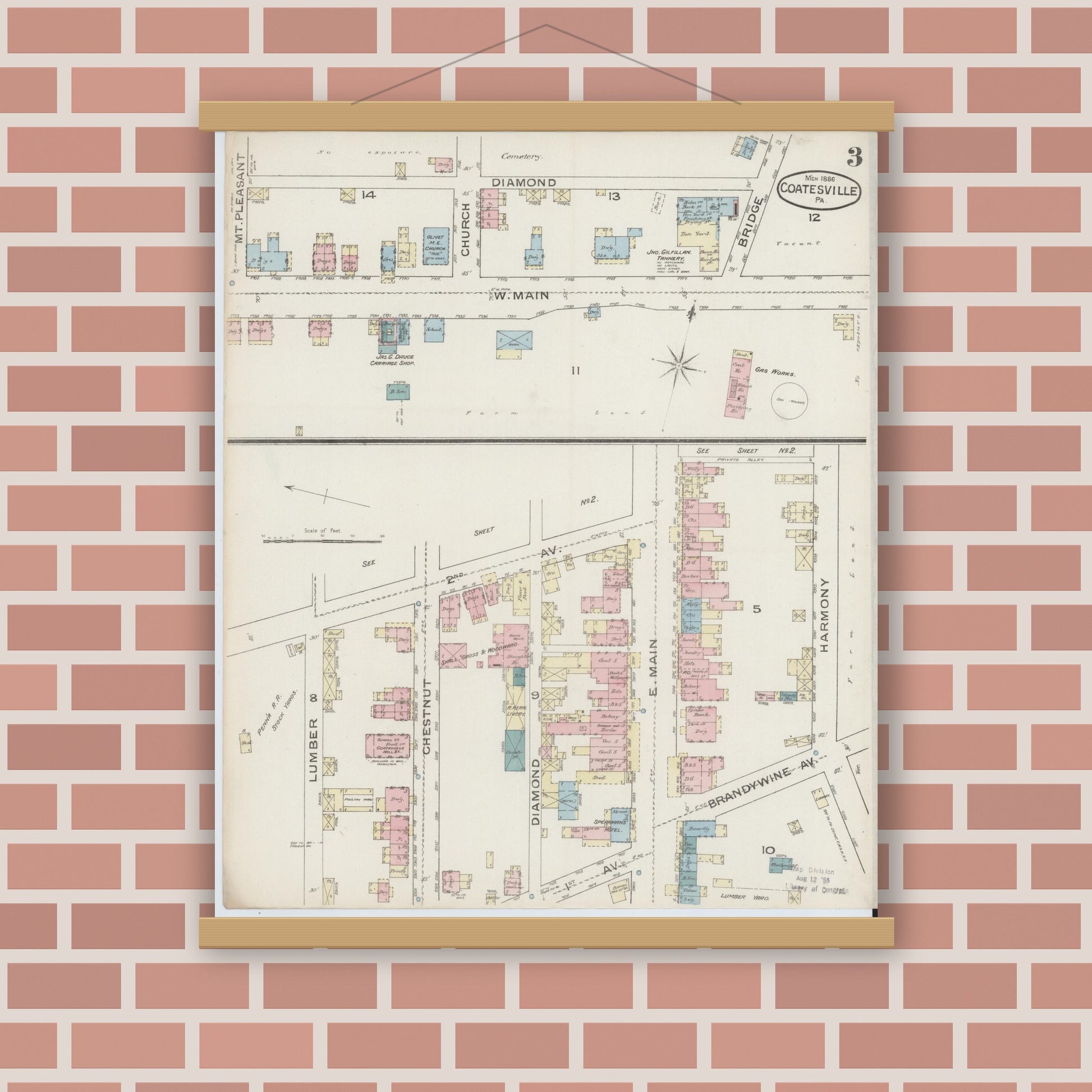 Old map wall art mockup — magnetic wood frame on brick wall — Sanborn Fire Insurance Map from Coatesville, Chester County, Pennsylvania (1886), Sheet #0003