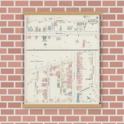 Old map wall art mockup — magnetic wood frame on brick wall — Sanborn Fire Insurance Map from Coatesville, Chester County, Pennsylvania (1886), Sheet #0003