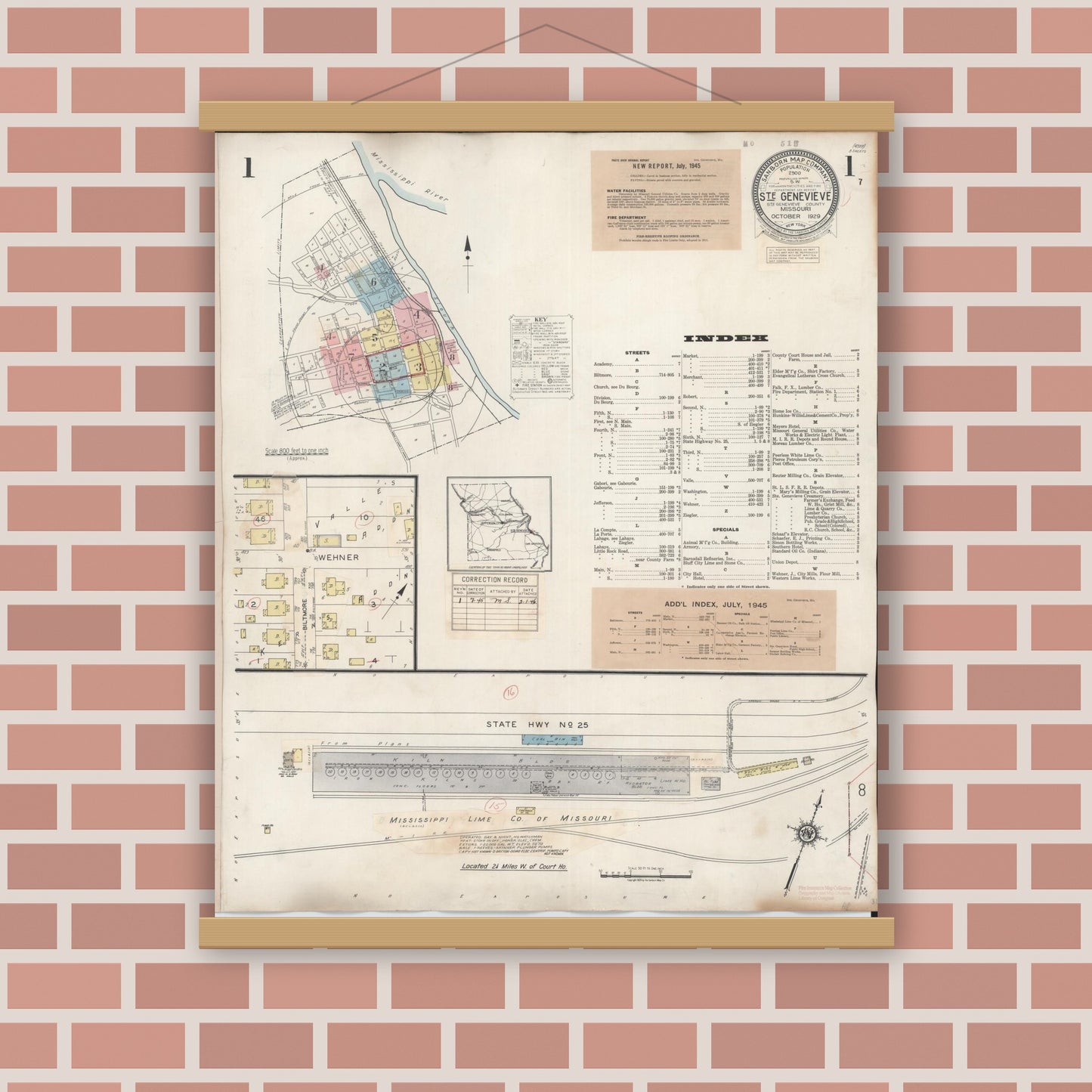Old map wall art mockup — magnetic wood frame on brick wall — Sanborn Fire Insurance Map from Sainte Genevieve, Saint Genevieve County, Missouri (1945), Sheet #0001