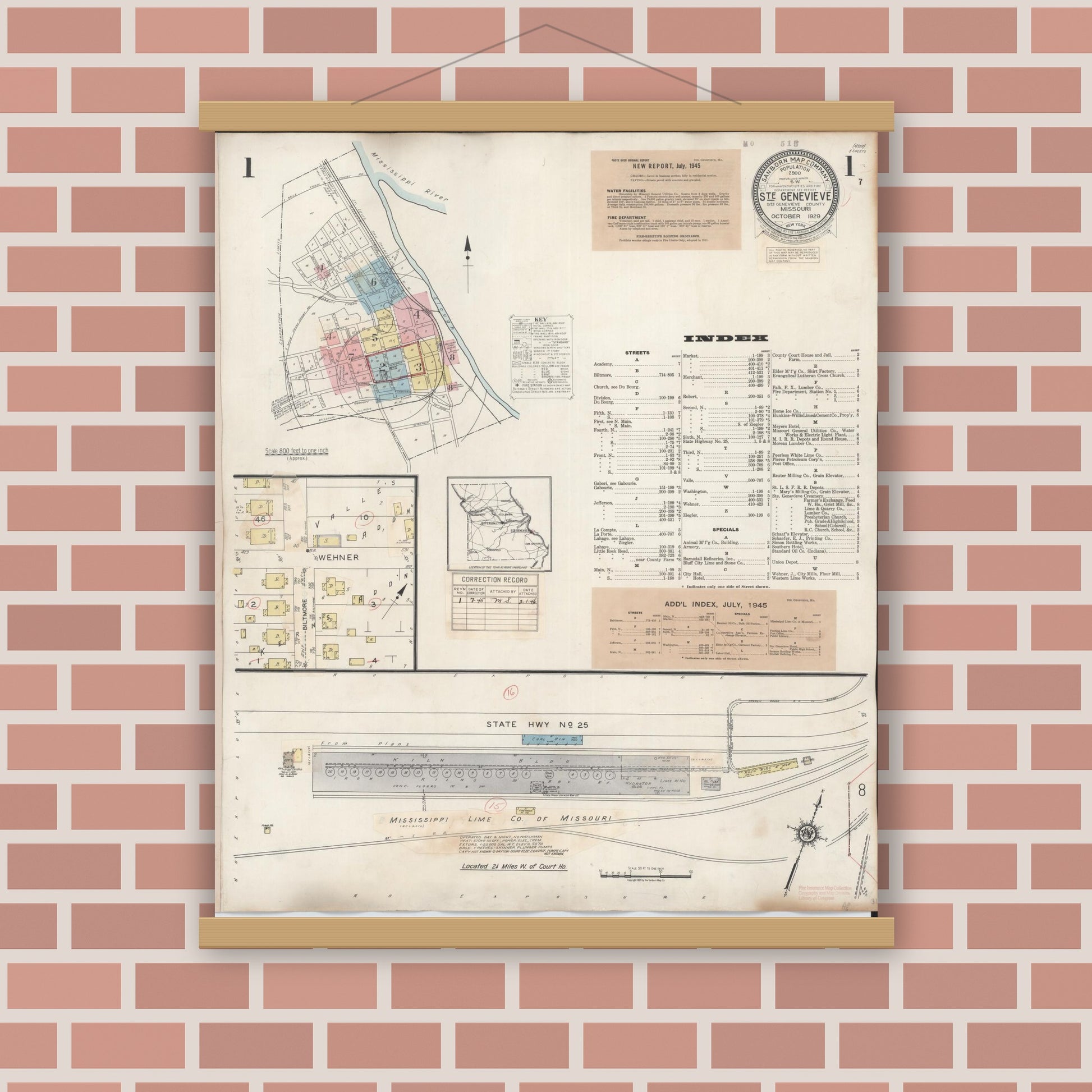 Old map wall art mockup — magnetic wood frame on brick wall — Sanborn Fire Insurance Map from Sainte Genevieve, Saint Genevieve County, Missouri (1945), Sheet #0001