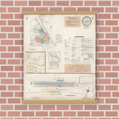 Old map wall art mockup — magnetic wood frame on brick wall — Sanborn Fire Insurance Map from Sainte Genevieve, Saint Genevieve County, Missouri (1945), Sheet #0001