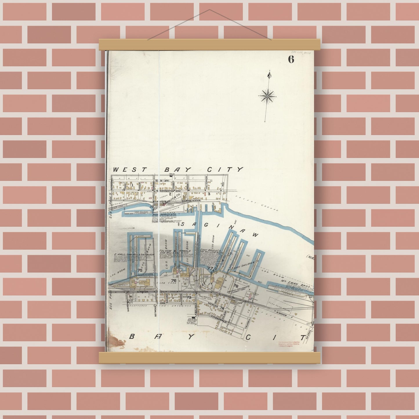 Old map wall art mockup — magnetic wood frame on brick wall — Sanborn Fire Insurance Map from Bay City, Bay County, Michigan (1895), Sheet #0006