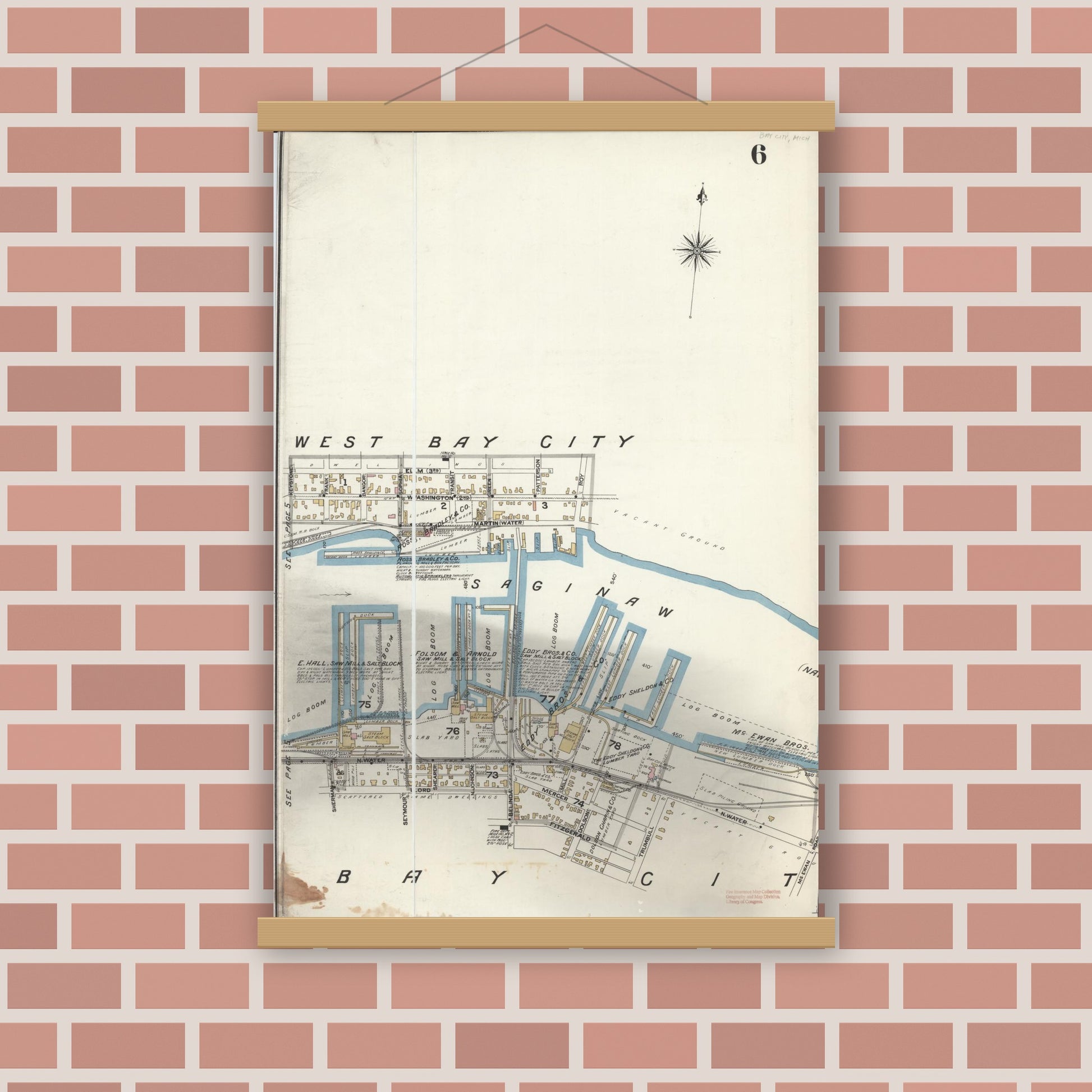 Old map wall art mockup — magnetic wood frame on brick wall — Sanborn Fire Insurance Map from Bay City, Bay County, Michigan (1895), Sheet #0006