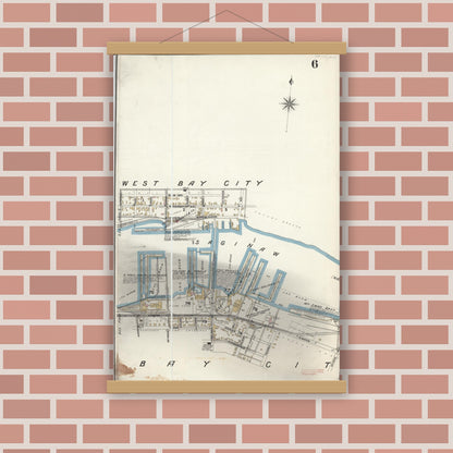 Old map wall art mockup — magnetic wood frame on brick wall — Sanborn Fire Insurance Map from Bay City, Bay County, Michigan (1895), Sheet #0006