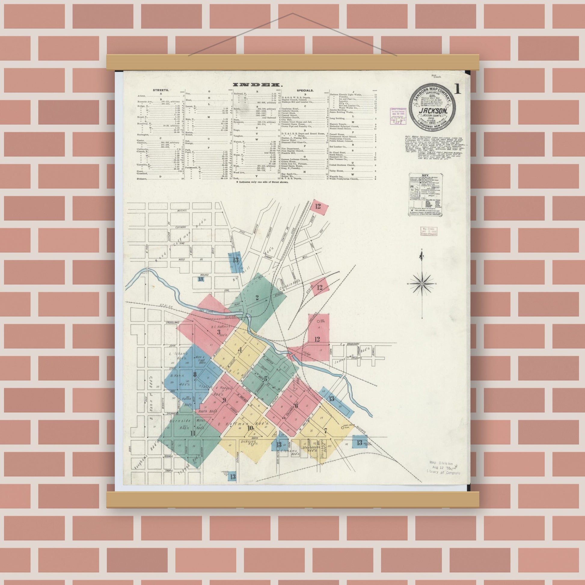 Old map wall art mockup — magnetic wood frame on brick wall — Sanborn Fire Insurance Map from Jackson, Jackson County, Ohio (1905) - Complete Map Set