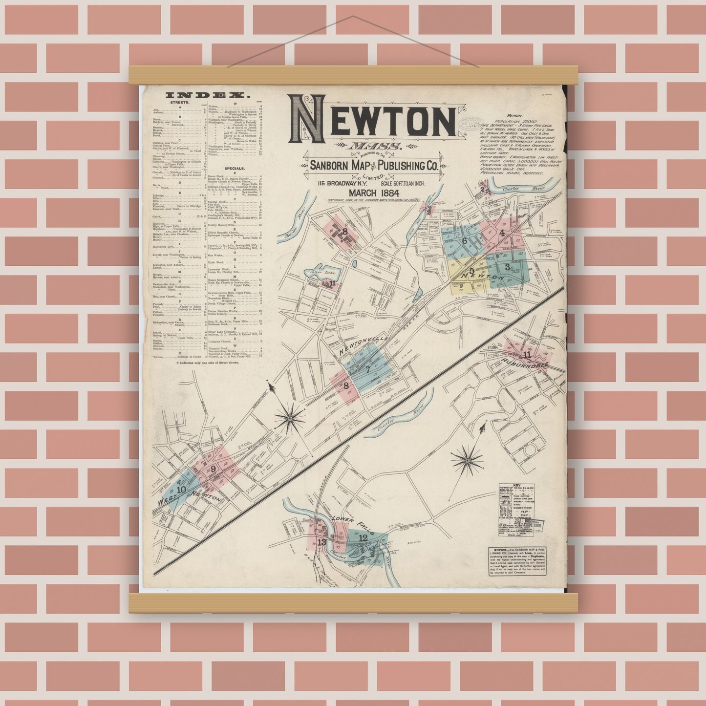 Old map wall art mockup — magnetic wood frame on brick wall — Sanborn Fire Insurance Map from Newton, Middlesex County, Massachusetts (1884), Sheet #0001