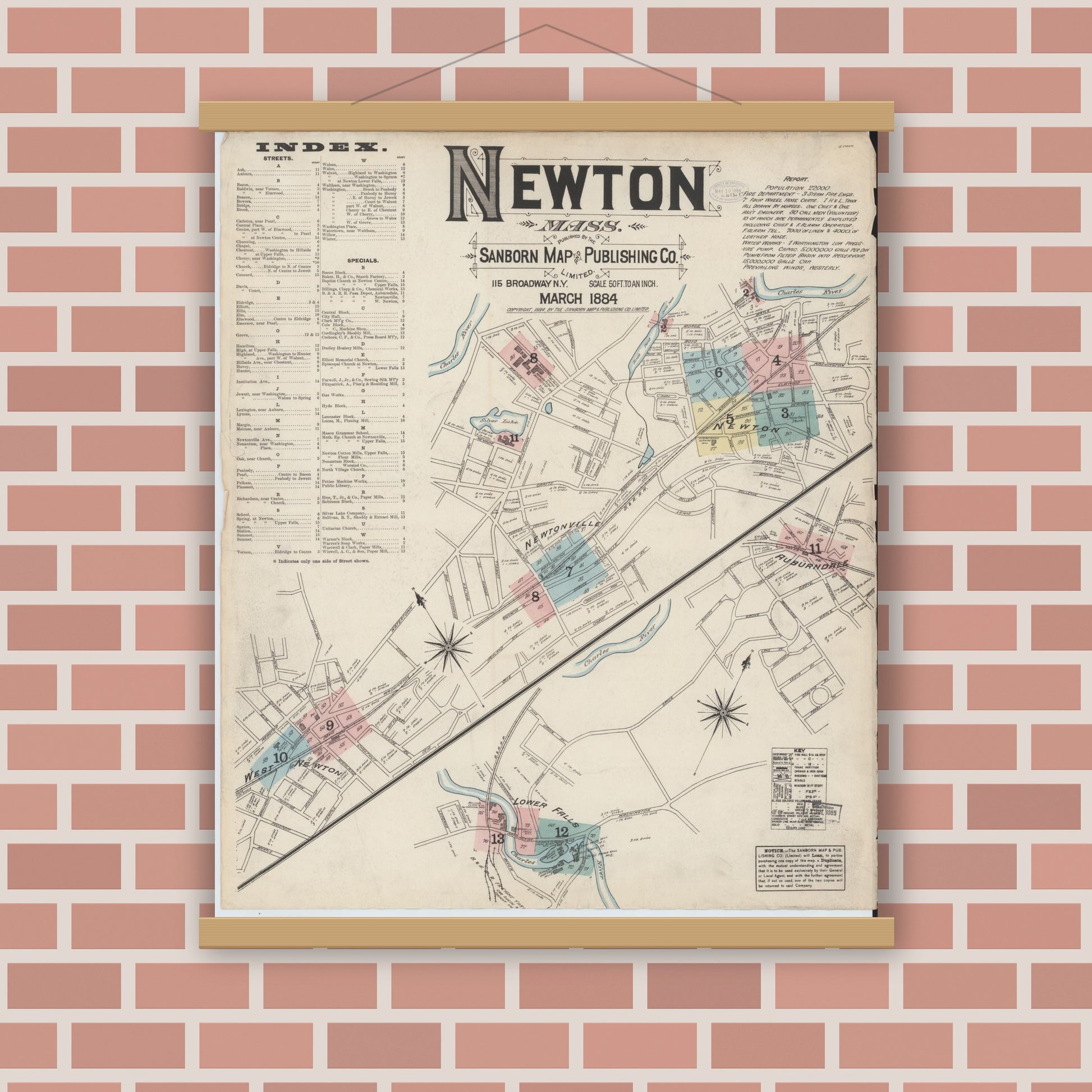 Old map wall art mockup — magnetic wood frame on brick wall — Sanborn Fire Insurance Map from Newton, Middlesex County, Massachusetts (1884), Sheet #0001