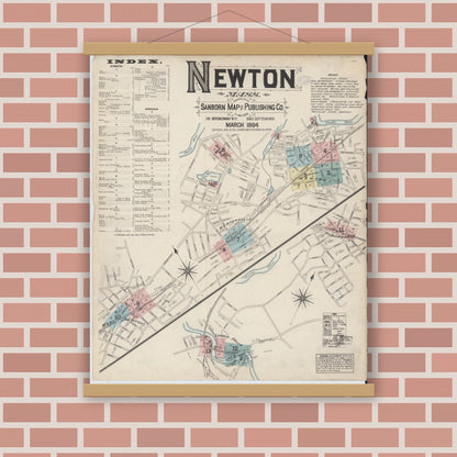 Old map wall art mockup — magnetic wood frame on brick wall — Sanborn Fire Insurance Map from Newton, Middlesex County, Massachusetts (1884), Sheet #0001