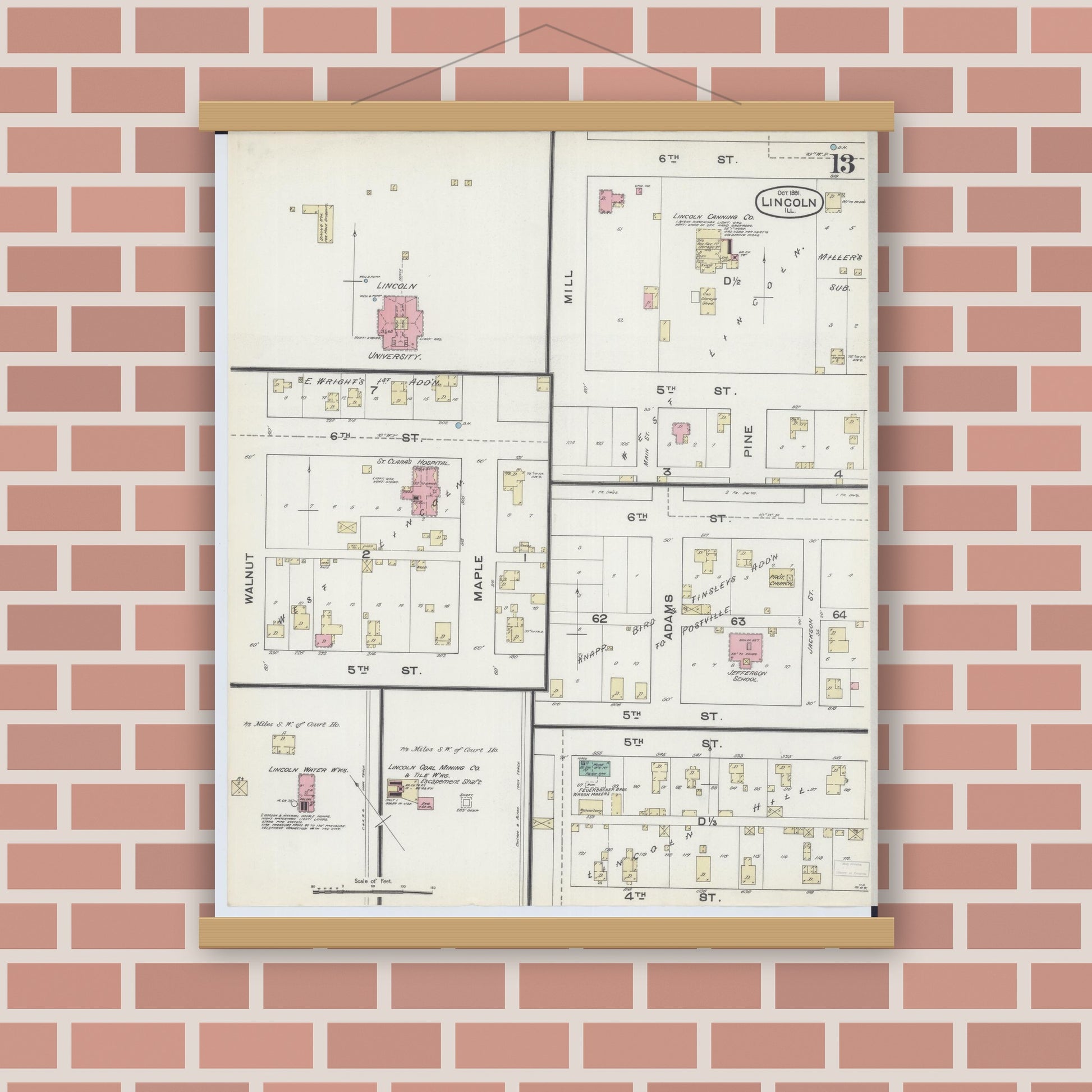 Old map wall art mockup — magnetic wood frame on brick wall — Sanborn Fire Insurance Map from Lincoln, Logan County, Illinois (1891), Sheet #0013
