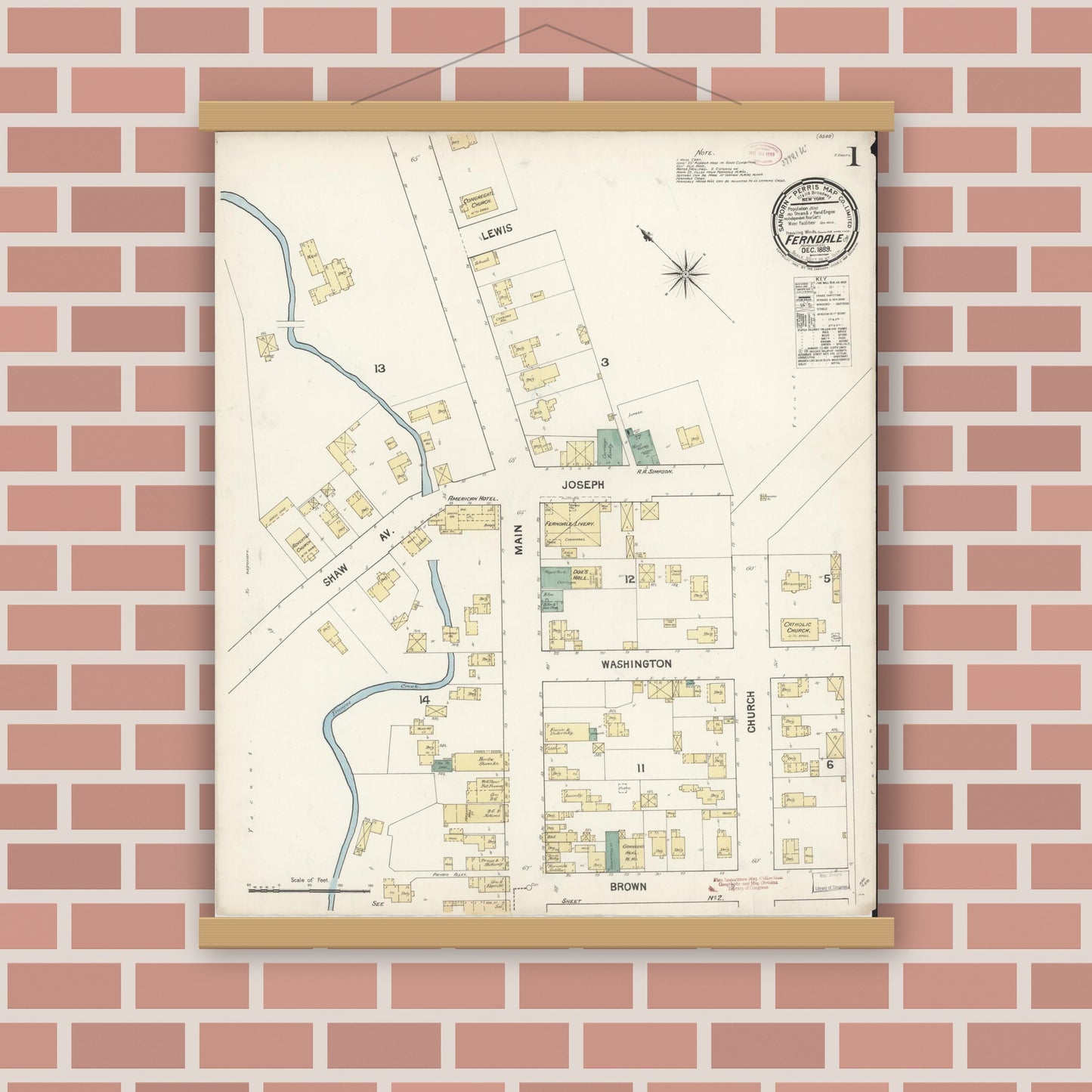 Old map wall art mockup — magnetic wood frame on brick wall — Sanborn Fire Insurance Map from Ferndale, Humboldt County, California (1889) - Complete Map Set