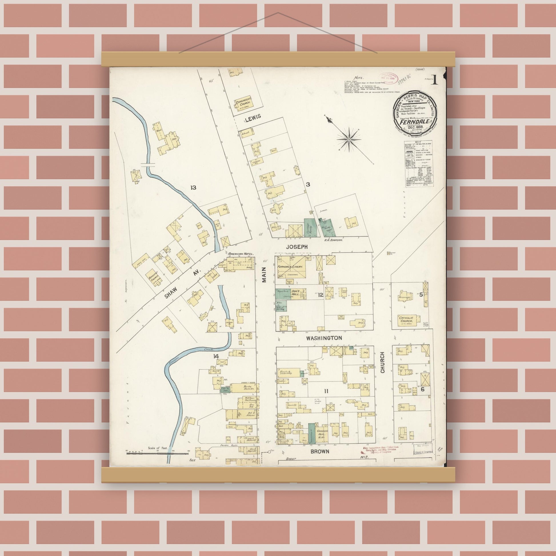 Old map wall art mockup — magnetic wood frame on brick wall — Sanborn Fire Insurance Map from Ferndale, Humboldt County, California (1889) - Complete Map Set
