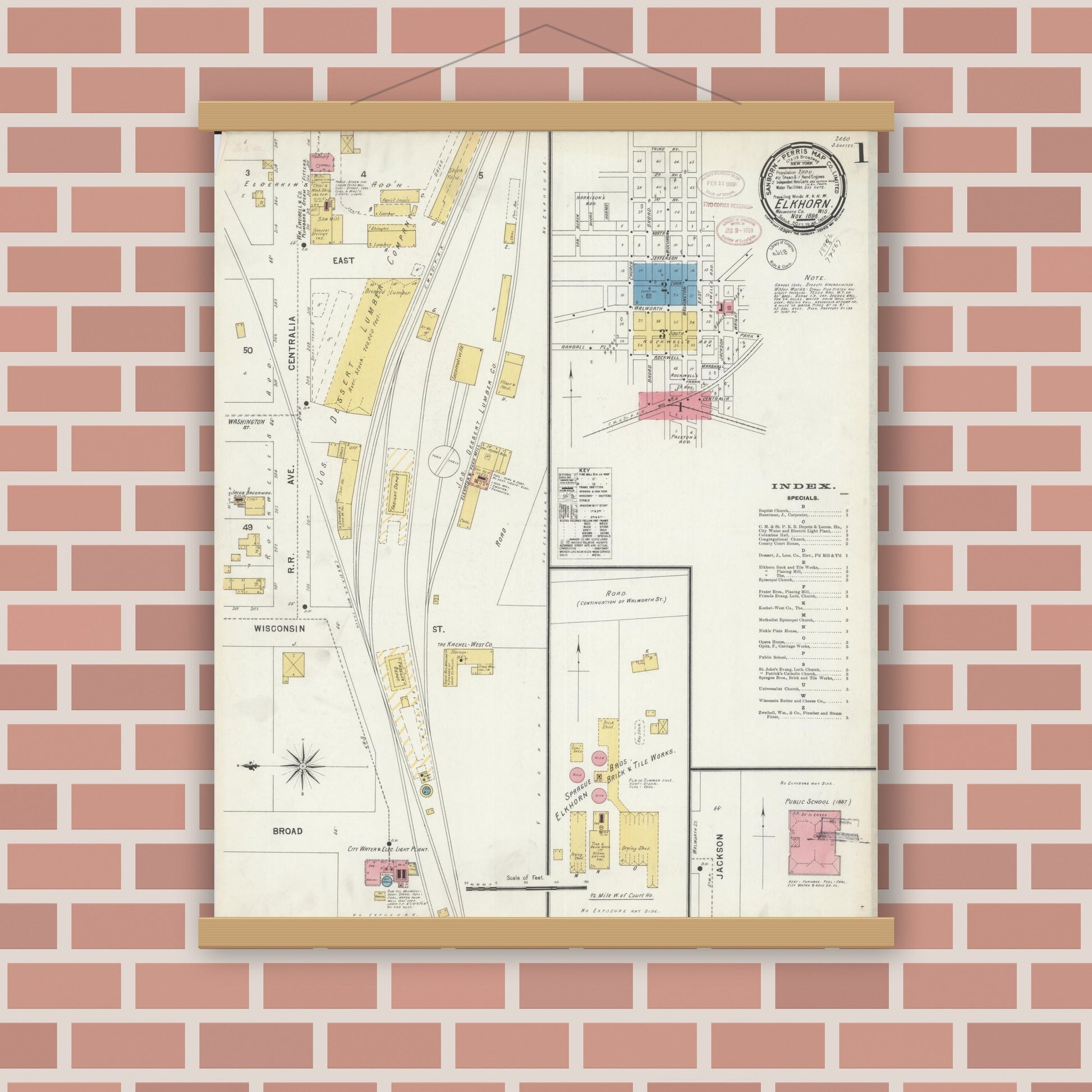 Old map wall art mockup — magnetic wood frame on brick wall — Sanborn Fire Insurance Map from Elkhorn, Walworth County, Wisconsin (1898) - Complete Map Set