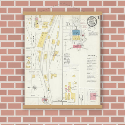 Old map wall art mockup — magnetic wood frame on brick wall — Sanborn Fire Insurance Map from Elkhorn, Walworth County, Wisconsin (1898) - Complete Map Set