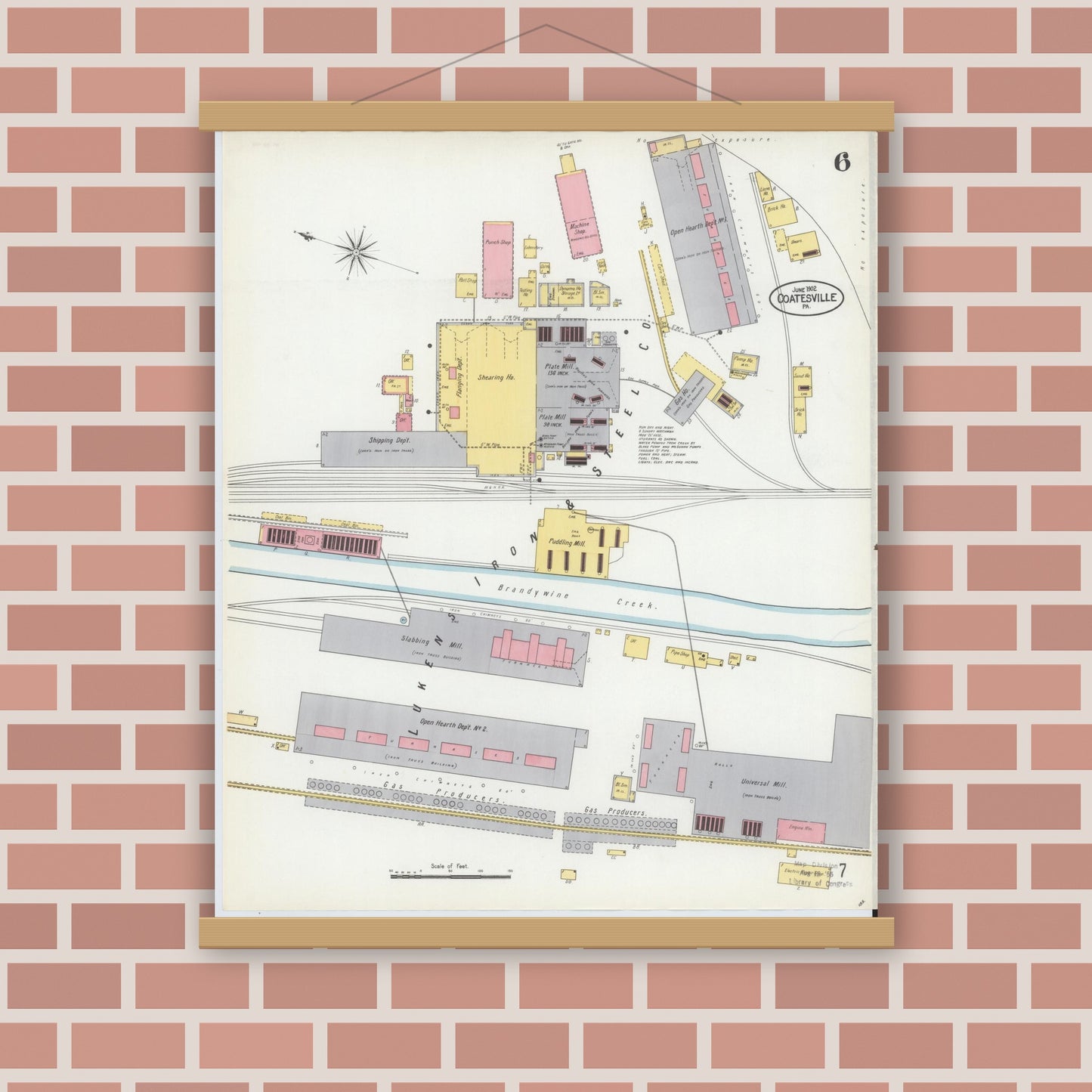 Old map wall art mockup — magnetic wood frame on brick wall — Sanborn Fire Insurance Map from Coatesville, Chester County, Pennsylvania (1902), Sheet #0006