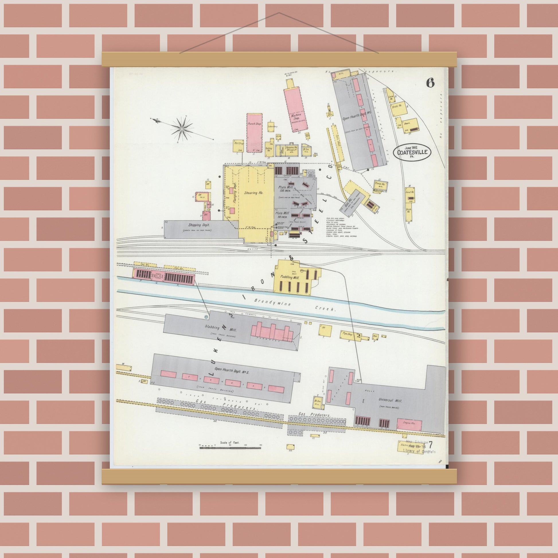 Old map wall art mockup — magnetic wood frame on brick wall — Sanborn Fire Insurance Map from Coatesville, Chester County, Pennsylvania (1902), Sheet #0006