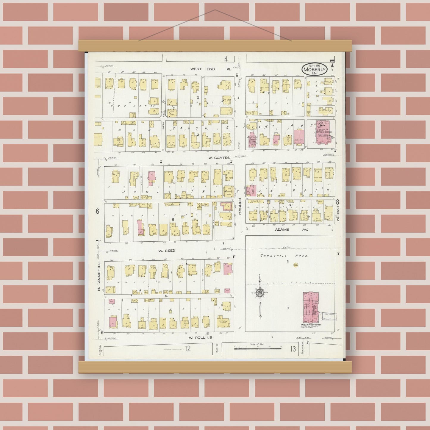 Old map wall art mockup — magnetic wood frame on brick wall — Sanborn Fire Insurance Map from Moberly, Randolph County, Missouri (1916), Sheet #0007