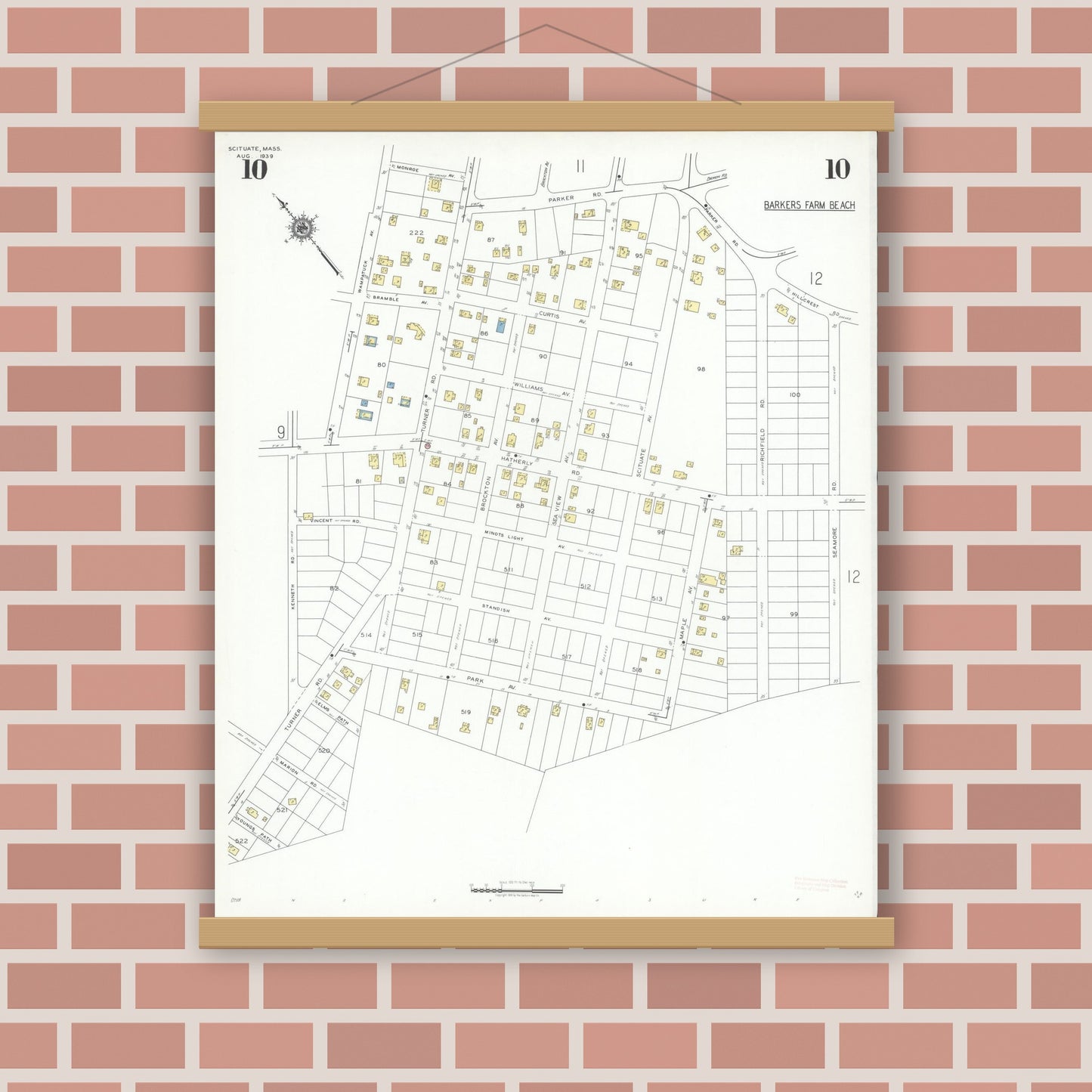 Old map wall art mockup — magnetic wood frame on brick wall — Sanborn Fire Insurance Map from Scituate, Plymouth County, Massachusetts (1939), Sheet #0010