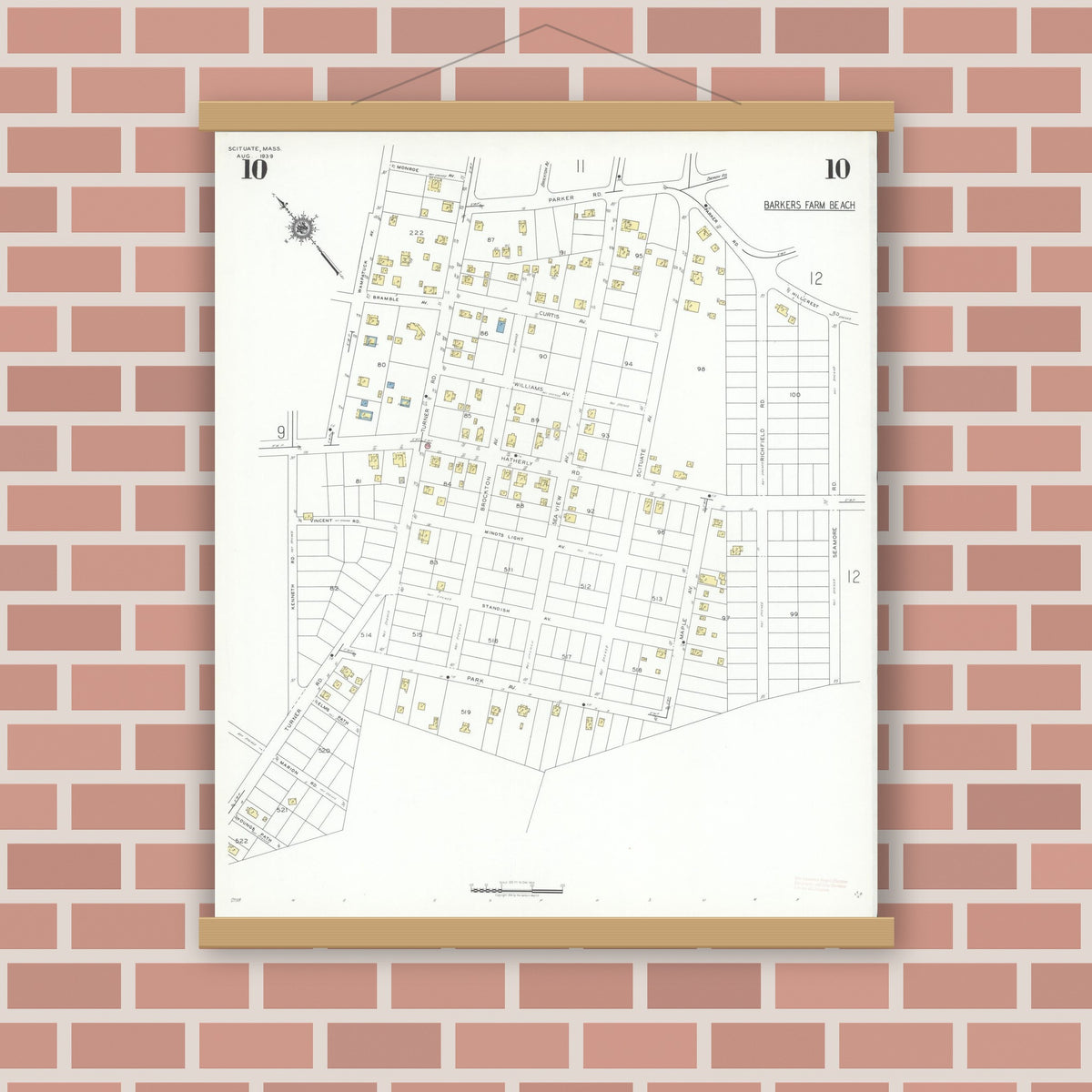 Old map wall art mockup — magnetic wood frame on brick wall — Sanborn Fire Insurance Map from Scituate, Plymouth County, Massachusetts (1939), Sheet #0010
