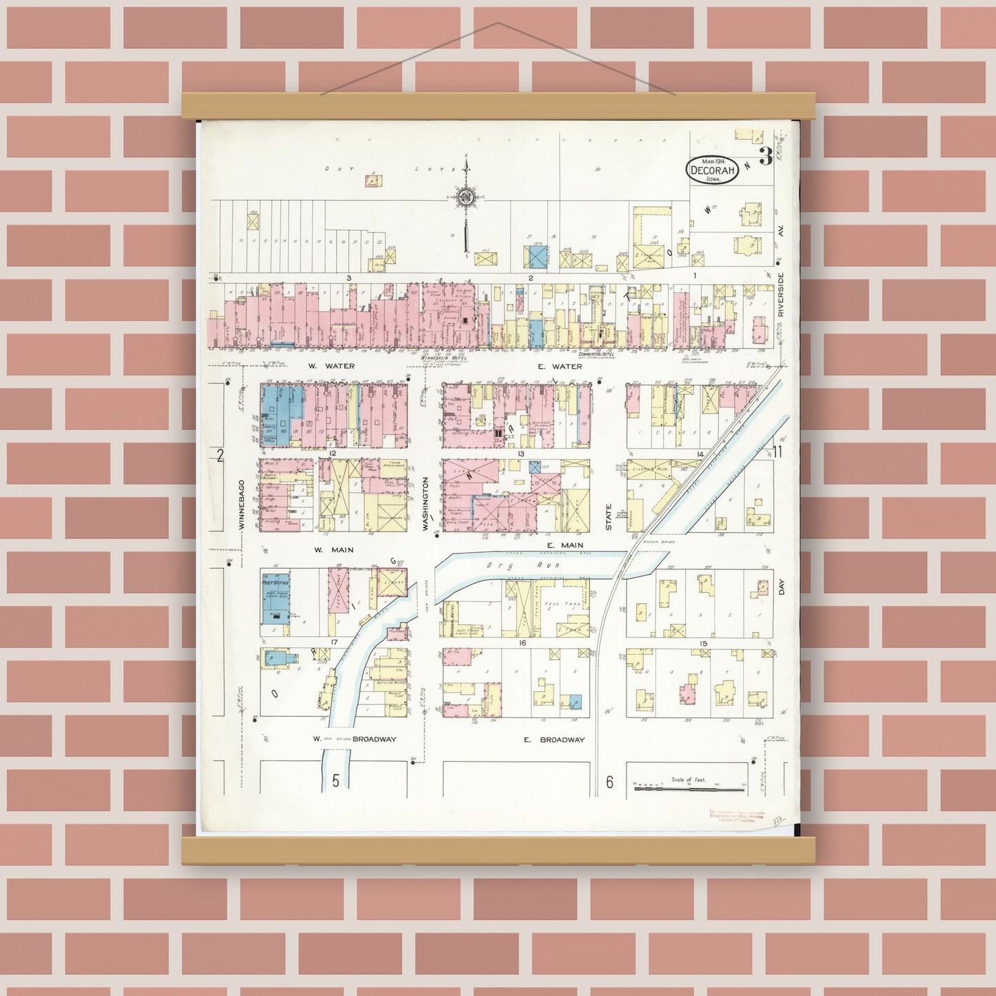 Old map wall art mockup — magnetic wood frame on brick wall — Sanborn Fire Insurance Map from Decorah, Winneshiek County, Iowa (1914), Sheet #0003