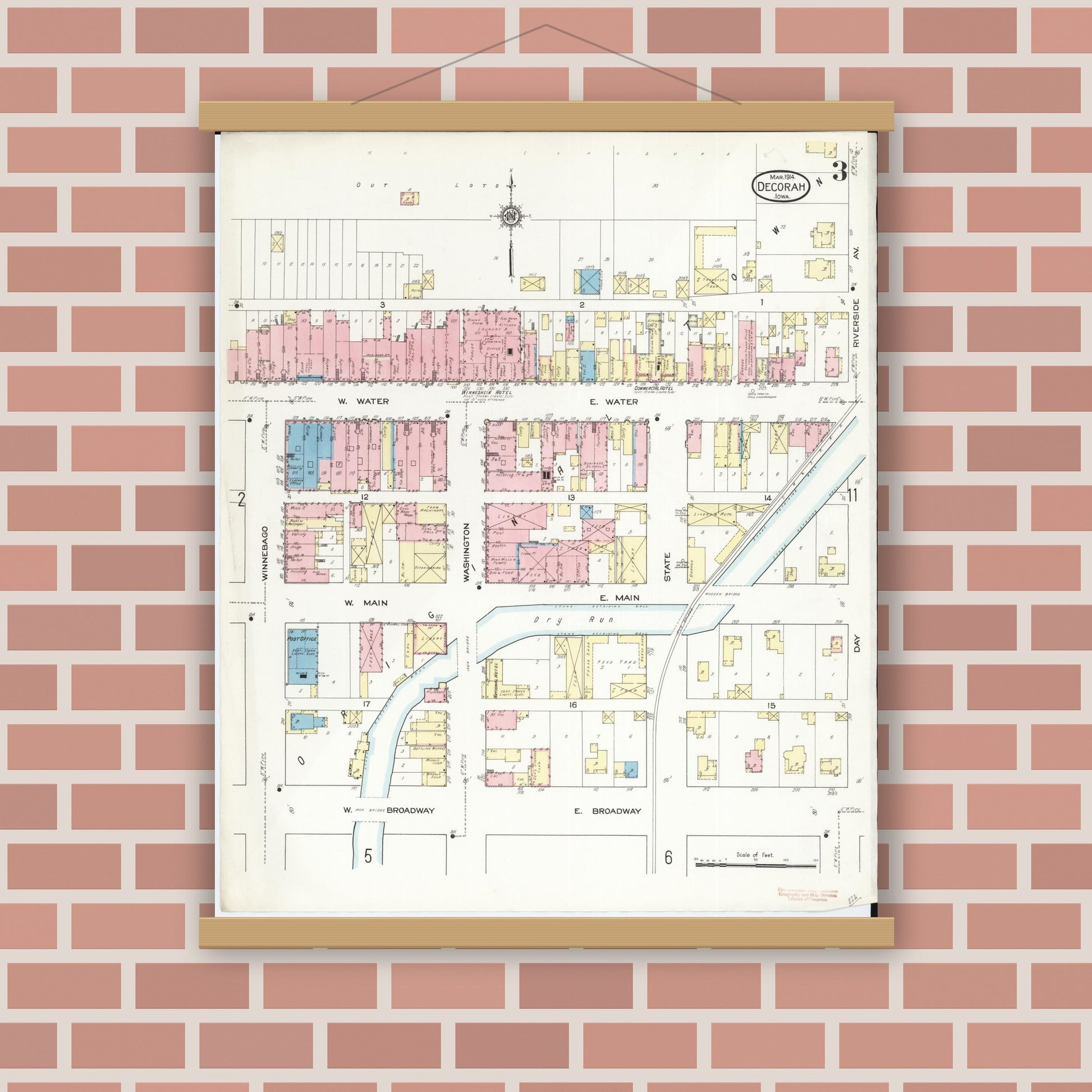 Old map wall art mockup — magnetic wood frame on brick wall — Sanborn Fire Insurance Map from Decorah, Winneshiek County, Iowa (1914), Sheet #0003