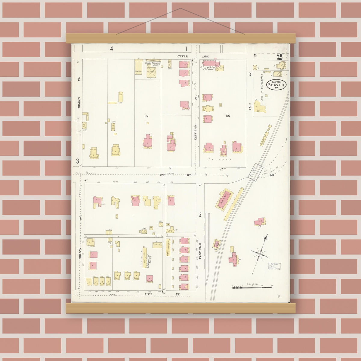 Old map wall art mockup — magnetic wood frame on brick wall — Sanborn Fire Insurance Map from Beaver, Beaver County, Pennsylvania (1906), Sheet #0002