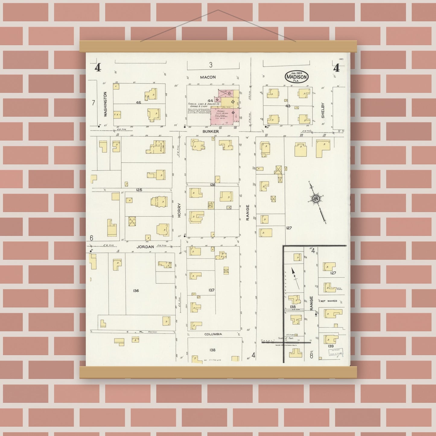 Old map wall art mockup — magnetic wood frame on brick wall — Sanborn Fire Insurance Map from Madison, Madison County, Florida (1924), Sheet #0004